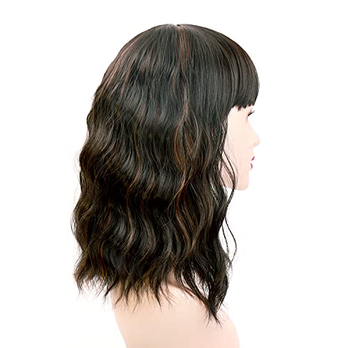 UHIBROS Short Wavy Wigs Black Highlight With Natural Bangs Shoulder Length Wig For Women Ladies Synthetic Heat-Resistant For Party Daily (Black Mixed Brown )