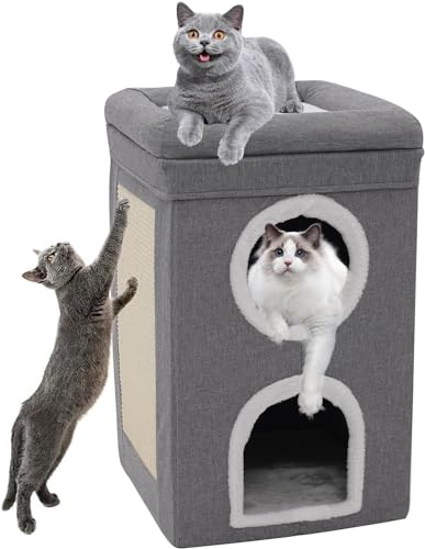 Cat House for Indoor, 3-Level Covered Cat Condo with Scratch Pad and Hideaway Cave, Cat Bed &Furniture for Multi Pets and Large Cats, 15.3 * 15.3 * 26 inches, Cat Playground Play Center, Grey