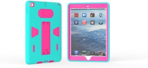 The New iPad 2017,iPad 9.7 Case,HAIKE Three Layer Armor Defender Full Body Protective Case Cover new ipad 2017 Heavy Duty Tough Rugged Hybrid Stand Shockproof Case (Aqua+Hotpink)