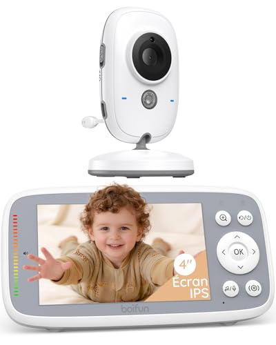 Boifun Baby Camera Baby Monitor without WiFi, Invisible Infrared Night Vision, 4 Inches, HD 720P, Two-Way Intercom, Lullabies, Temperature/Sound Sensor, 3x Zoom, Baby Bottle Reminder