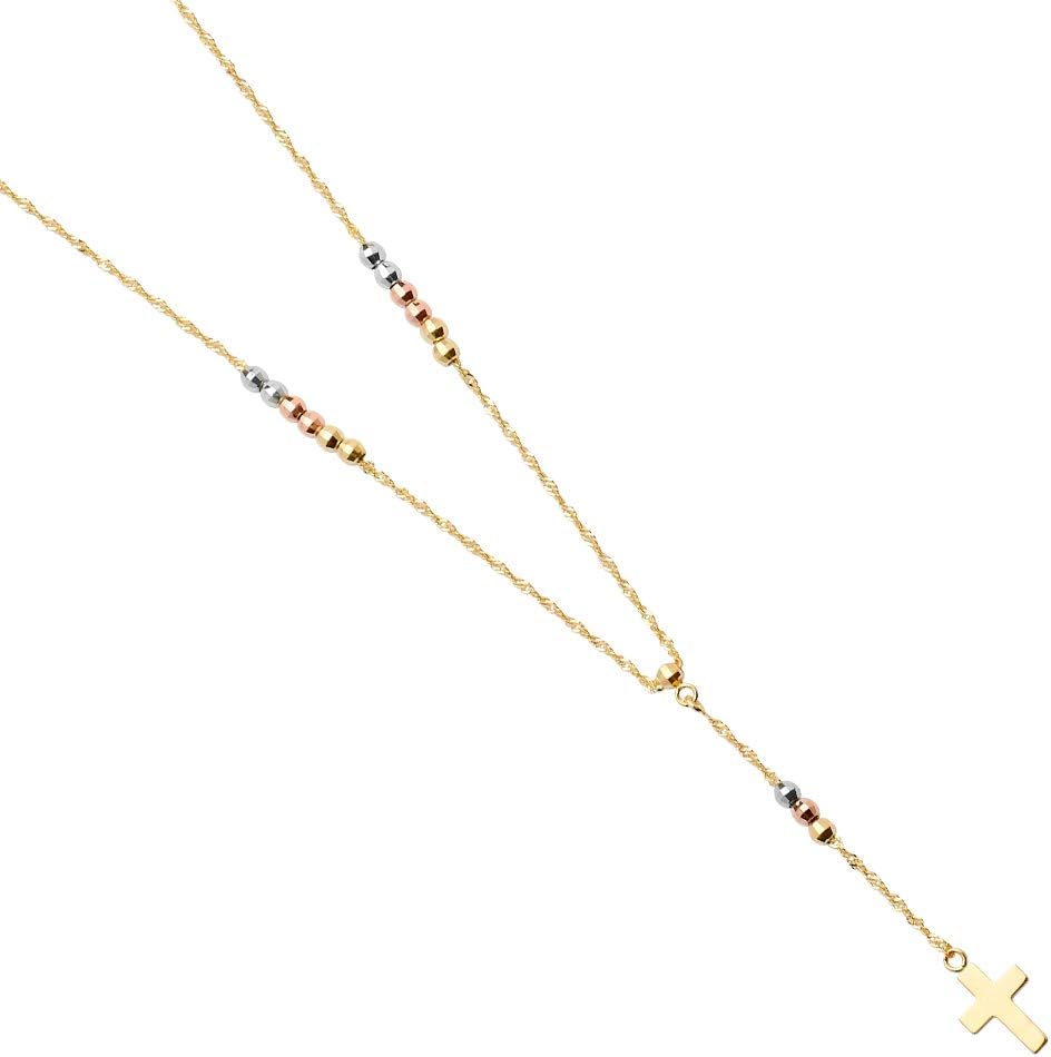 14K Rose White and Yellow Tri Color Gold 2.5mm Beads Ball Rosary Chain Necklace 18 Inches