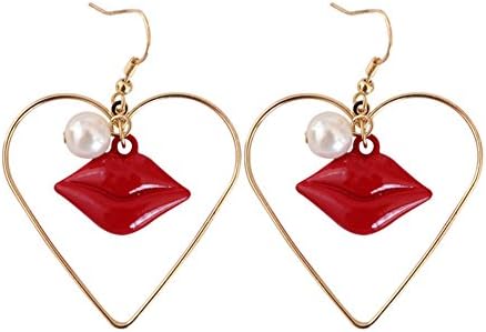 18K Gold Plated Two-tone Imitation Pearl &amp; Red Lips Big Heart charm Women Long dangle Earrings