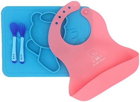 Silicone Baby Plate Set,Spoon &amp; Fork + Bib + Placemat - FULIME BPA Free Silicone Toddler Tableware Set - Improved Non-slip Suction - Portable Baby Table Place Mat for Babies, Infants, Kids