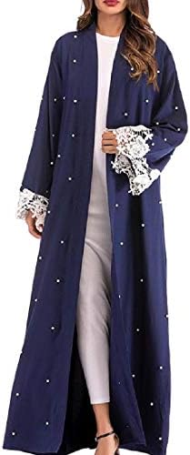 Conffetti Womens Saudi Turkey Abaya Lace Pearls Muslim Knotted Waistband Dress