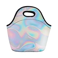 Semtomn Lunch Tote Bag Colorful Metal Holographic Blue Pattern Green Iridescent Rainbow Over Reusable Neoprene Insulated Thermal Outdoor Picnic Lunchbox for Men Women