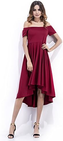YUNSHANG Womens Elegant Off Shoulder Party Cocktail Formal High Low Skater Dress With Short Sleeves(Wine Red,Medium)