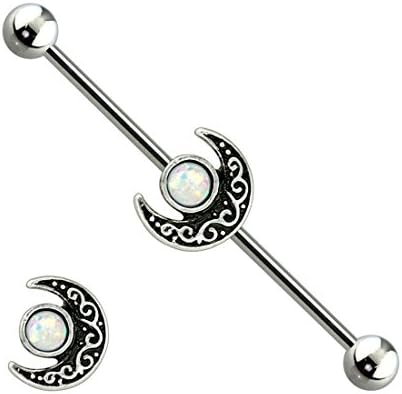 14G Filigree Glitter Opal Moon 316L Surgical Steel Industrial Barbell 38mm 1pc