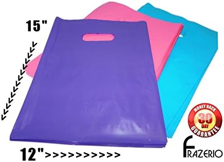 150 Hot Pink, Purple, Teal 12x15 Plastic Merchandise Shopping Bags with Handles