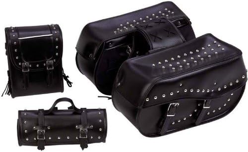 4Pc Black Motorcycle Luggage Set , Diamond Plate 4Pc Heavy-Duty Waterproof Pvc Black Motorcycle Luggage Set. Set Includes: 2 Studded 18' X 10-3/8" X 7-1/2" Saddlebags With Fender Pads, Studded 12" X