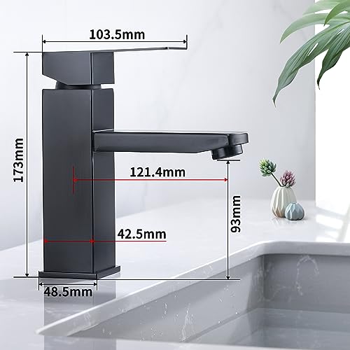 HOMELODY Bathroom Tap, Black, Washbasin Tap, Basin, Square Bathroom Mixer Tap, Stainless Steel, Single Lever Mixer Tap