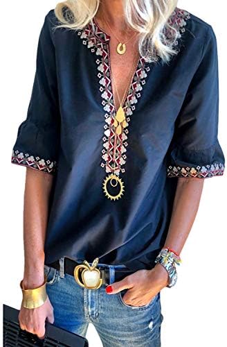 Womens Casual V Neck Shirt Boho Print Short Sleeve Tops Loose Blouse (S-XXL) …