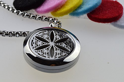 Flower of Life Essential Oil Diffuser Necklace Stainless Steel Locket Pendant with 24" Chain, oil, and pads in Gift Box