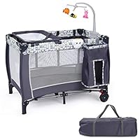 Custpromo 3 in 1 Foldable Baby Playard Portable Travel Baby Crib Playpen Infant Bassinet Bed for Sleeping Baby Changing Table w/Carry Bag, Music Box and Wheels & Brake (Gray)