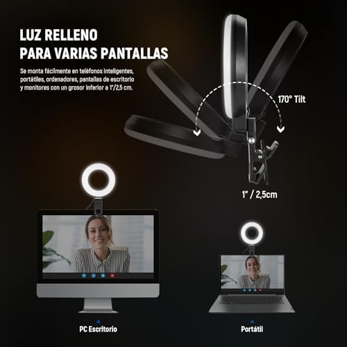 BÁSICO 5" Aro Luz con Mini Trípode Luz Videoconferencias Escritorio, Clip on Streaming Kit para Monitor Webcam Computadora Portátil Maquillaje Selfies Grabación Video, Paño de Limpieza, BR60