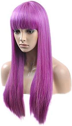 DAOTS 24" Long Straight Wig with Bangs Heat Resistant Synthetic Fiber Wigs for Women Child Kids Halloween Cosplay Costume (Pink Purple)