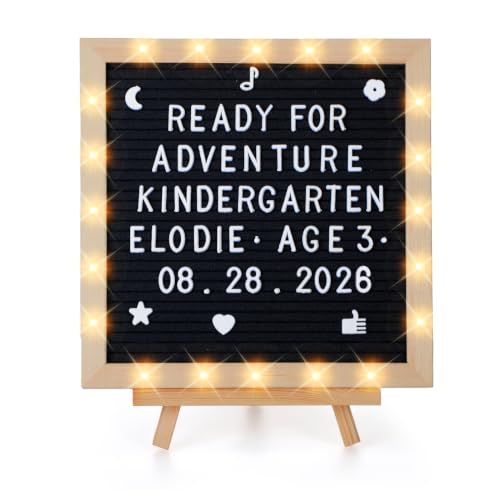 10"×10" Felt Letter Board with LED Lights & Stand, First Day of School Sign | Wall/Desk Display, 450-Letter, Message Custom Signs Poster Board, Baby/Pregnancy Announcement/Classroom/Birthday Decor, Black