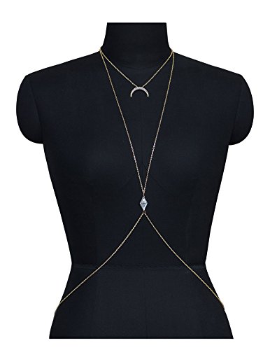 Sundear Layered Harness Crossover Body Chain Moon Crystal Belly Chain Bikini Beach Chain for Women