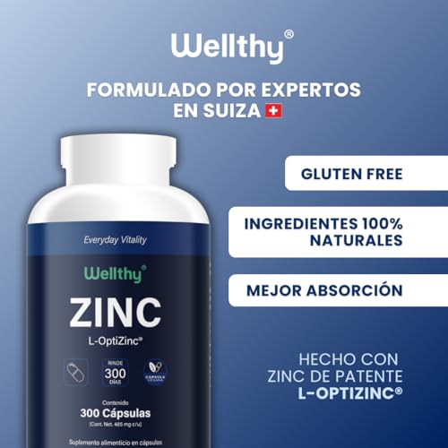 Wellthy Zinc Premium 300 Cápsulas. Hecho con L-Optizinc, fórmula de Alta Absorción patentada por el Laboratorio Suizo Lonza. 220 Porciones, 10 meses de consumo, V Caps Cápsulas Veganas.