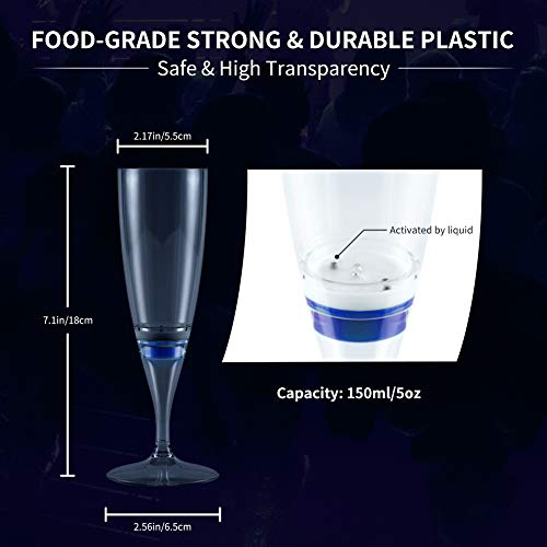 LED Champagne Wine, Liquid Activated Champagne Glasses, GLORIOUS-LITE LED Light Flute Up Glasses 5oz, Safe PS Material, Set of 6, Perfect for Wedding, Birthday Party, Bar
