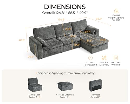 Bedeep 124.8'' Oversized Modular Sofa Comfy Cloud Couch with Storage Wide L-Shaped Sectional Sofa Set with Chaise for Living Room, Covers Washable, 4-Seater with Ottoman, Chenille, Grey