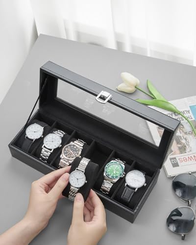Ohuhu Watch Cases for Men Watch Box 6-Slot PU Leather Real Glass Lid Jewelry Organizer Storage Soft Velvet Watch Holder Display Case for Women Birthday Fathers Day Valentine's Day Gifts