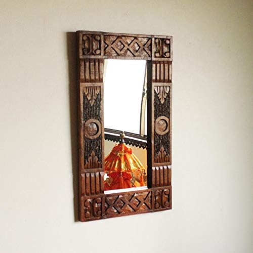 幾何学模様のウッドフレームミラー 鏡 壁掛け ウォールミラー インテリア 木製 木彫り エスニック アジアン
