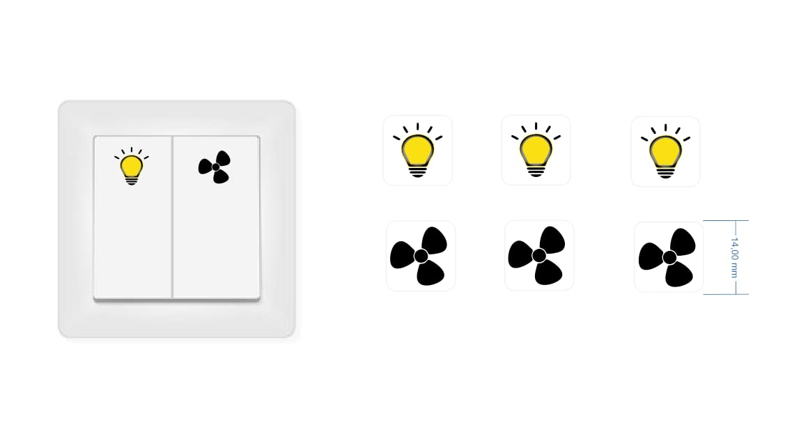 Light and fan sticker set with 6 pieces sticker symbols for light switch (RP8/2) (14 mm)