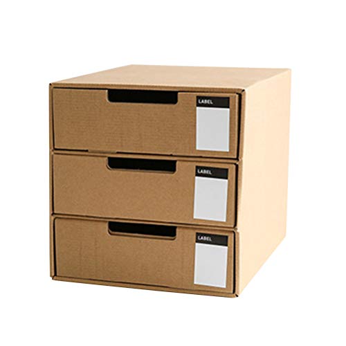 TOPBATHY Kraft Paper Desktop Storage Box File Storage Consolidation Box 3 Drawer Cabinet Stationery Container Document Holder Makeup Organizer (Vertical Lable)