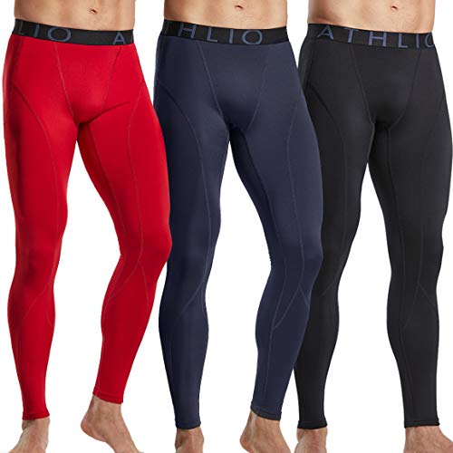 ATHLIO Men's Thermal Emboss PantsWintergear Compression Baselayer Sports Leggings, Active 3pack(lyp43) - Black/Charcoal/Red, Medium - Thumbnail 2