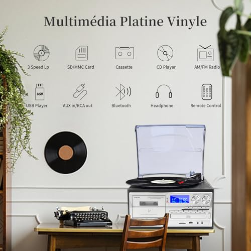 JORLAI 9 in 1 3 Speed Turntable with Remote Control, Bluetooth Vinyl Turntable with Built-in Speakers CD/Cassette Radio AM/FM USB/SD/MMC 3.5mm Aux-in/RCA-Out, Black