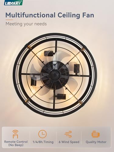 LEDIARY 20" Caged Ceiling Fan with Light and Remote, Low Profile Flush Mount Fandelier, Black Bladeless Enclosed Small Fan Lights Ceiling Fixtures, Rustic Farmhouse Style for Bedroom, Outdoor