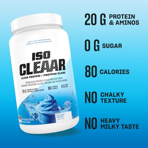 PVL ISO CLEAAR Clear Protein Drink Mix, 20g Protein and Aminos, 80 Calories, Zero Sugar, Dairy-Free (650 G, Blue Slushie)