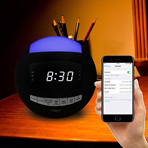 OnLyee Bluetooth Alarm Clock Radio, AM FM Radio, Digital LED, 7 Colored Night Light, AUX, Speaker, Dual USB Chargers, Dual Alarms - Kids Desk Kitchen Bedroom Heavy Sleepers