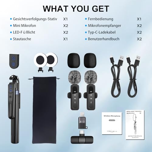 Content Creator Kit per vlogging per iPhone/Android, Automatico Volto Rilevamento Treppiede per iPhone da 180cm, Bastone Selfie con luce e microfoni wireless, TikTok/YouTube Starter Kit