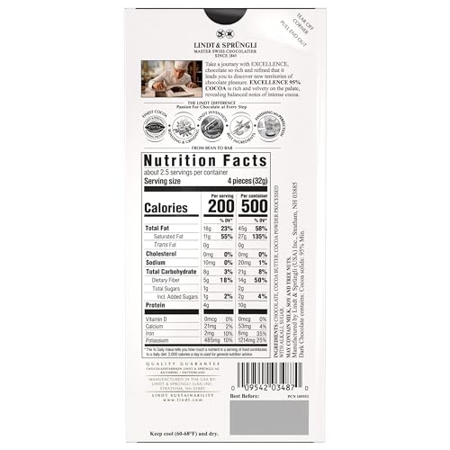 LINDT EXCELLENCE 95% COCOA DARK CHOCOLATE BAR, DARK CHOCOLATE CANDY, 2.8 OZ. (12 PACK)