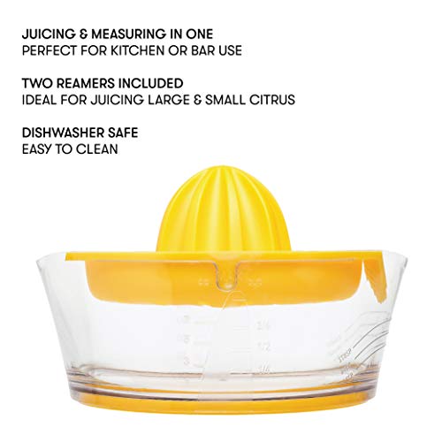Cooking Light Manual Hand Built-in Strainer and Measuring Cup, 2 Size Reamers Included, Premium Quality Lemon Orange Lime Juicer, Yellow