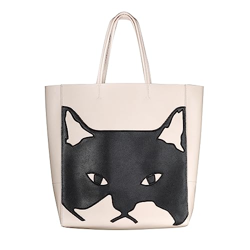 S.Leaf Cat Gifts for Cat lovers Tote Bag for Women Cow Leather and Black Horse Hair Shoulder Bag Cat Lover Gifts for Women (Cat_White_Big)