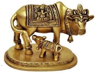 Maa Padma Farms Astadhatu (8 Metals) Made Kamdhenu Cow Idol/Kamdhenu Cow Brass Idol with Lakshmi & Ganesh/Kamdhenu Cow Sculpture with All Devtas- Vrindavan (4 cm)