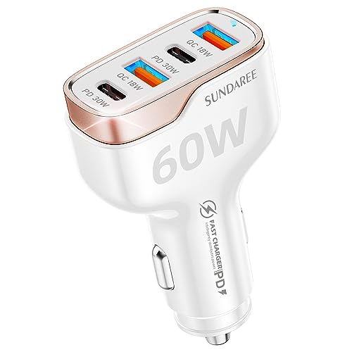 SUNDAREE Accendisigari USB C,60W Multi 4 Porte 12V 24V PD QC Fast Charge Carica Rapida Tipo C Caricabatterie Auto Cellulare Adattatore for Samsung A14/iPhone 14/Redmi Note 12/ Oppo/iPad/Galaxy Tab