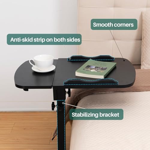 ZERIFAM Movable Computer Desk with Wheels, Adjustable Overbed Table, Tilting Desktop, Rolling Laptop Desk for Bed, Sofa, Or Hospital Use, Mobile Standing Desk for Laptop, Notebook, And Meals (BLACK)