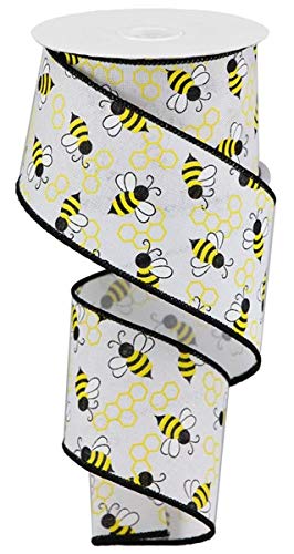 Craig Bachman Mini Bumblebees on Canvas Wired Ribbon, 10 Yards (White, 2.5 Inch)