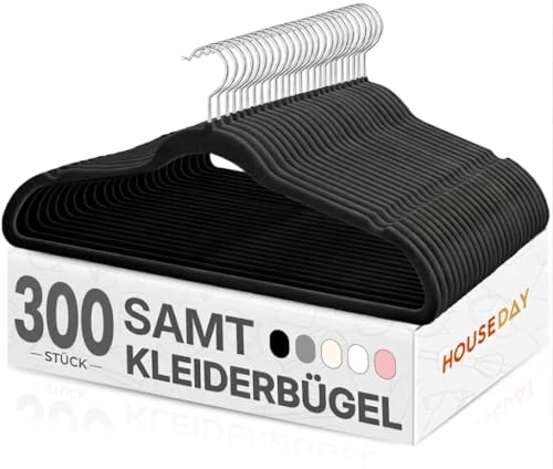 HOUSE DAY Kleiderbügel Samt 300 Stück, Kleiderbügel Platzsparend, Schwarz