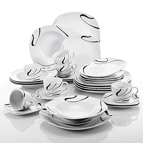 image for VEWEET 30-Piece Porcelain Square Tableware Decal Patterns White Bowl S