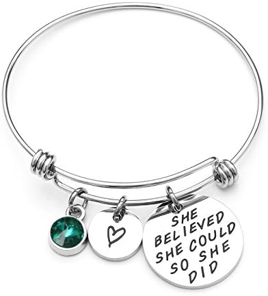AISHOW She Believed She Could So She Did Inspirational Birthstone Charm Expandable Stainless Steel Bangle Bracelet - Birthday Gifts for Women Girls (05-May Emerald)