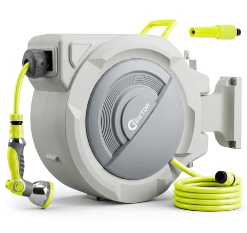 Bietor Retractable Garden Hose Reel, 1/2“ x 30m+2m Upgraded UV Resistant Heavy Duty Wall Mounted Hose Reel with 10 Patterns Nozzle, Any Length Lock, Slow Return System, 180°Swivel Bracket
