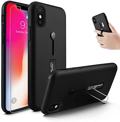 iPhone Xs Max Case,Owrora Finger Strap Case Finger Ring Band with Kickstand Case[with Tempered Glass Screen Protector] Rugged Case for iPhone Xs Max (Black)