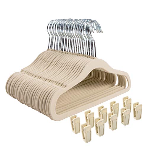 Finnhomy Lot de 30 cintres antidérapants en Velours pour bébés et Enfants avec 10 Pinces à Doigts, Beige