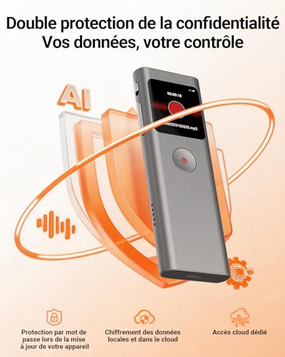 NUASI Enregistreur Vocal IA Dictaphone Numérique avec Transcription, Résumé, 64 Go, 90+ Langues, Enregistrement HD en Un clic, Réduction Intelligente du Bruit pour interviews/Classes/réunions