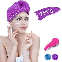 Fast Drying Hair Towel Wrap with Rubber Bands & Comb Set, RIZON Microfiber Bath Shower Head Wrap Towel Turban Dry Hair Hat for Curly, Long and Thick Hair, 2 Packs