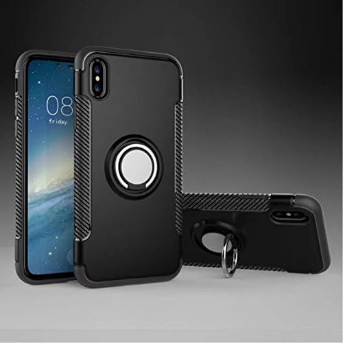 iPhone X Ring Case Kickstand Ring Stand Grip With Metal Patch Shock Absorbing Bumper soft TPU inner Hard PC Back Cover Case (Black)